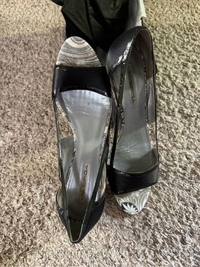 Via Spiga Black and Cream Open-Toe Slingback Heels